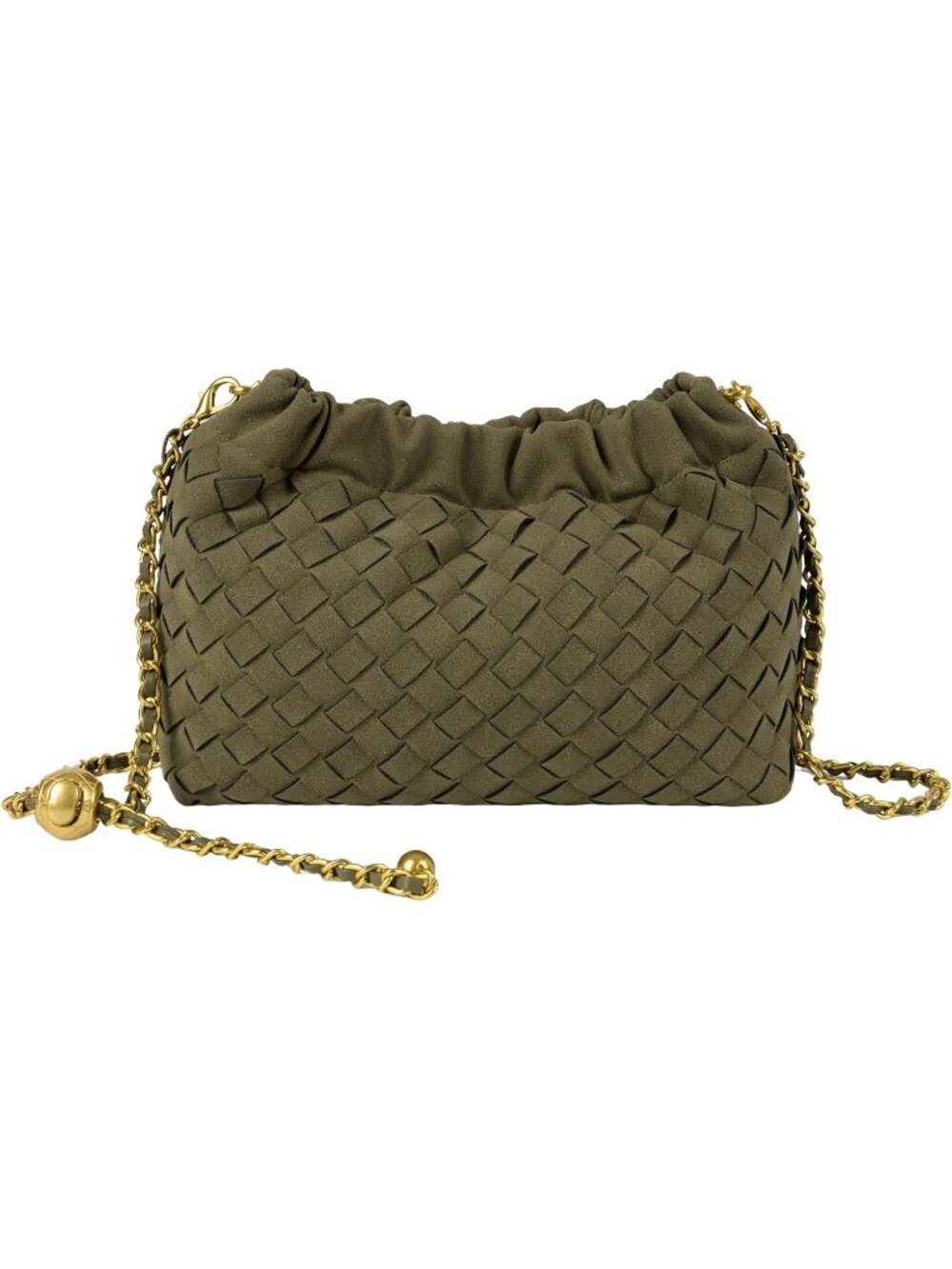 Women Olive Green Gold Woven Dumpling Clutch Purse Trendy Shoulder Crossbody Bag